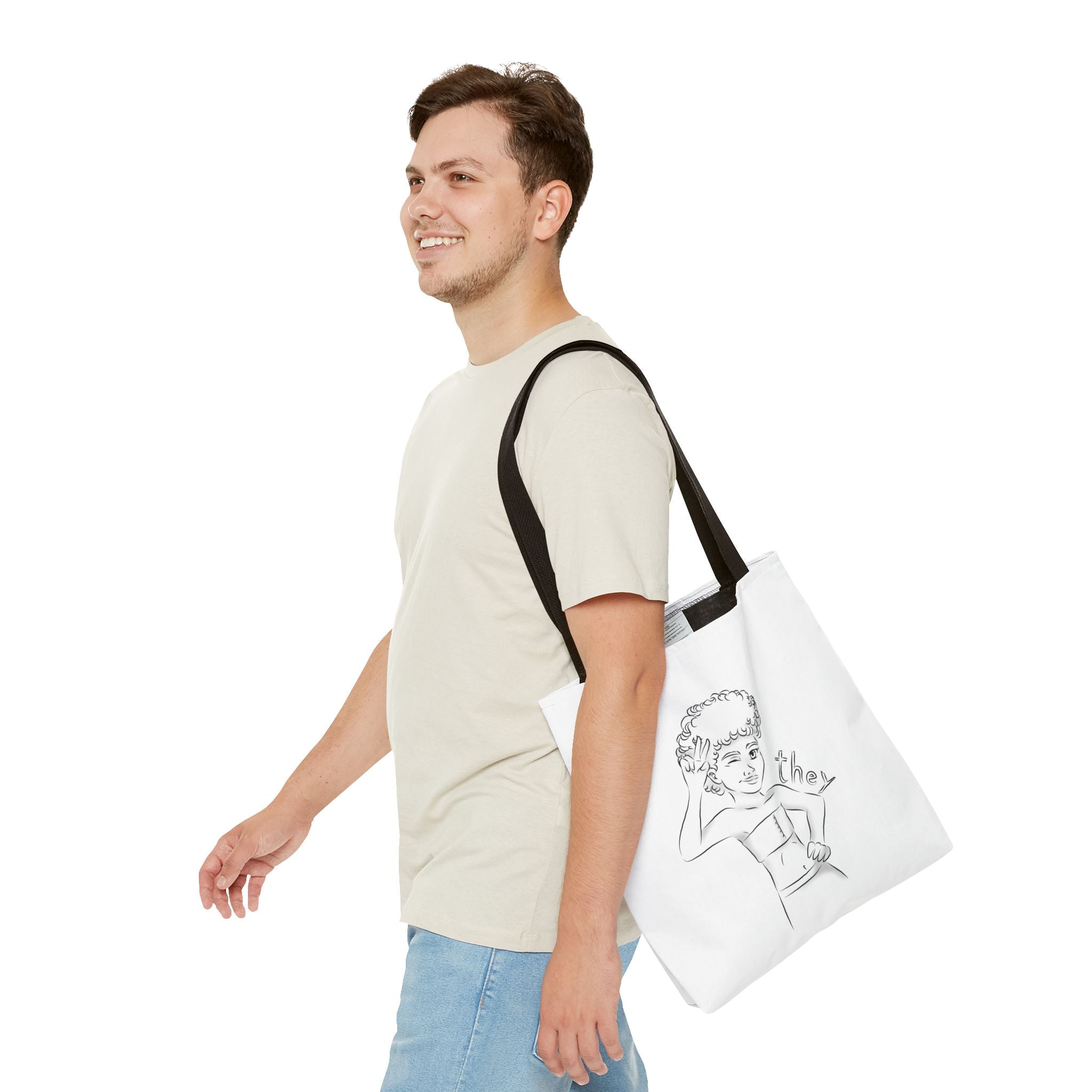 They Pronoun Tote Bag – Gender-Free, Black Line Art, Durable Polyester, Multiple Sizes | Inclusive LGBTQIA+ Accessory | Voce Lindx
