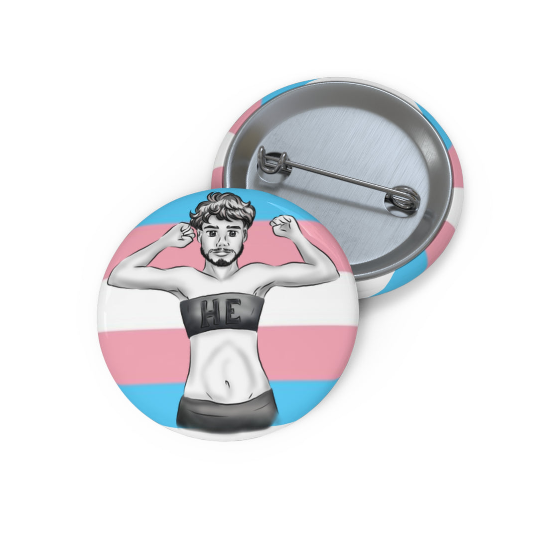 HE Pronoun Trans Pride Pin Button – Gender-Free, Transmasculine Art, Glossy Metal, Multiple Sizes | Voce Lindx