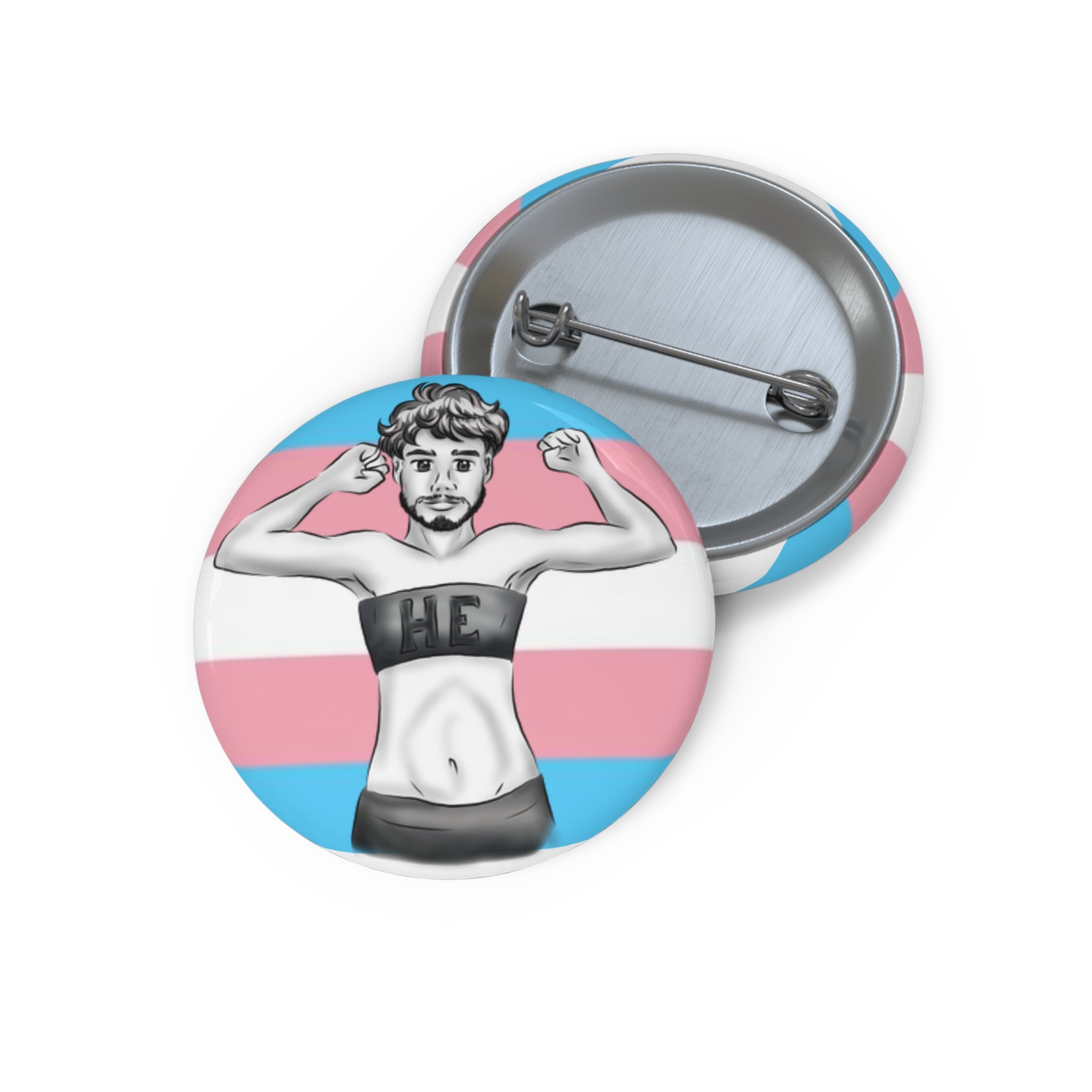 HE Pronoun Trans Pride Pin Button – Gender-Free, Transmasculine Art, Glossy Metal, Multiple Sizes | Voce Lindx