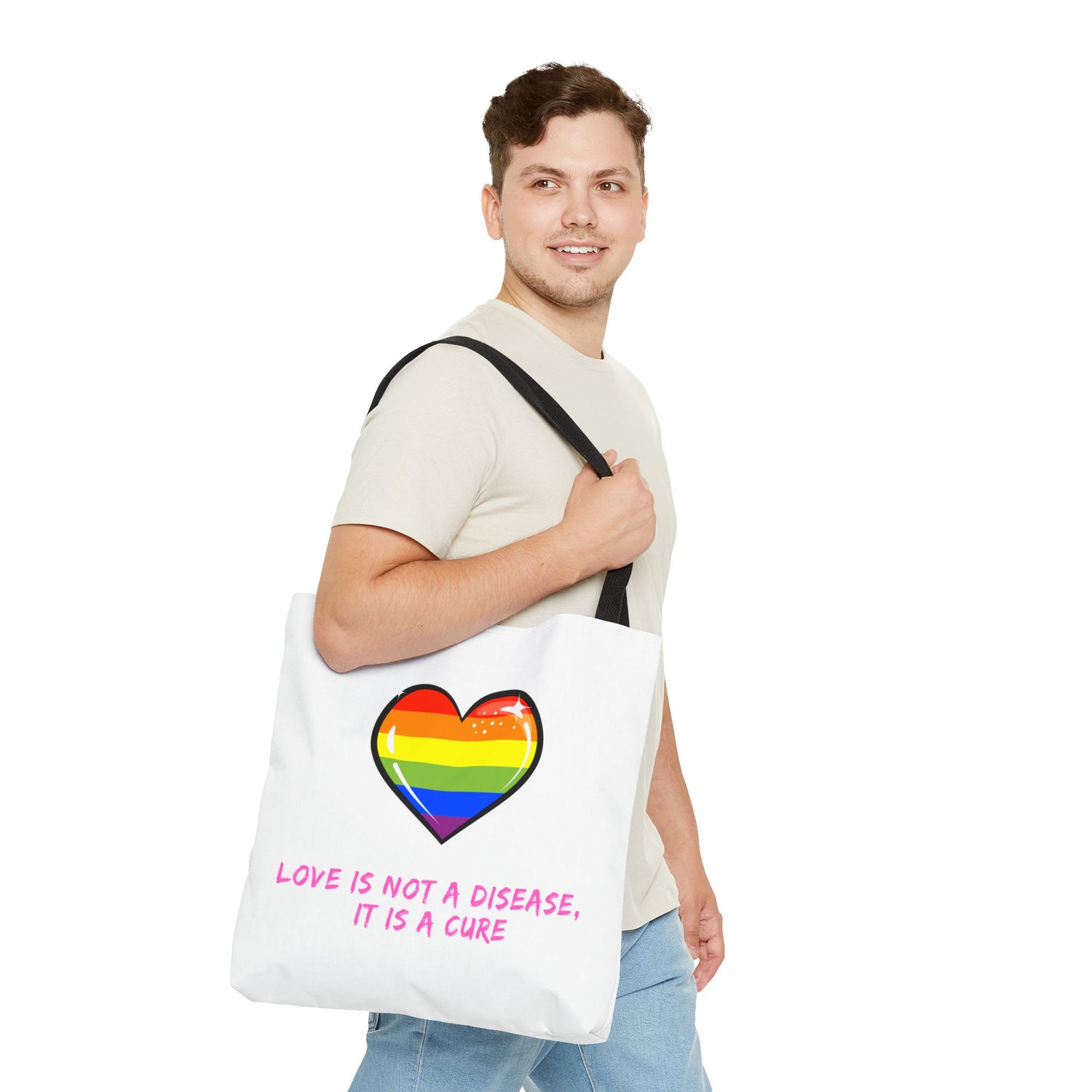 Rainbow Heart Pride Tote Bag – “Love Is Not a Disease, It Is a Cure”, Durable Polyester, Multiple Sizes | Inclusive LGBTQIA+ Accessory | Voce Lindx