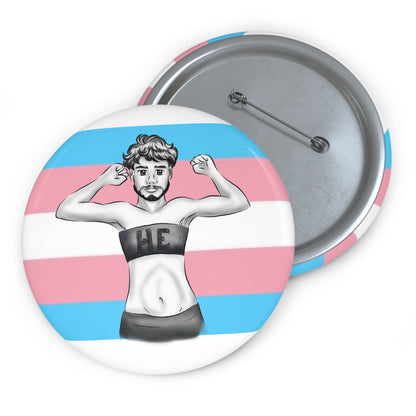 HE Pronoun Trans Pride Pin Button – Gender-Free, Transmasculine Art, Glossy Metal, Multiple Sizes | Voce Lindx