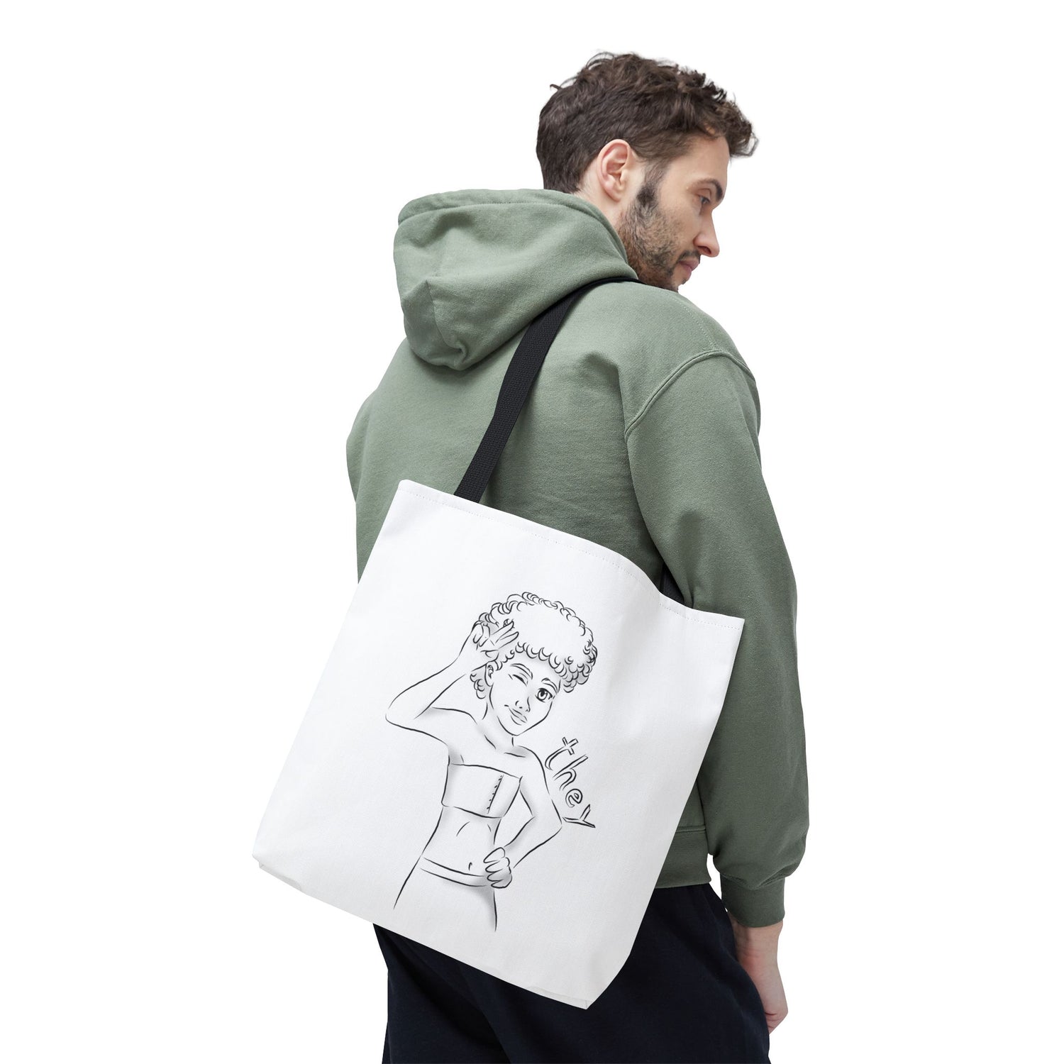 They Pronoun Tote Bag – Gender-Free, Black Line Art, Durable Polyester, Multiple Sizes | Inclusive LGBTQIA+ Accessory | Voce Lindx