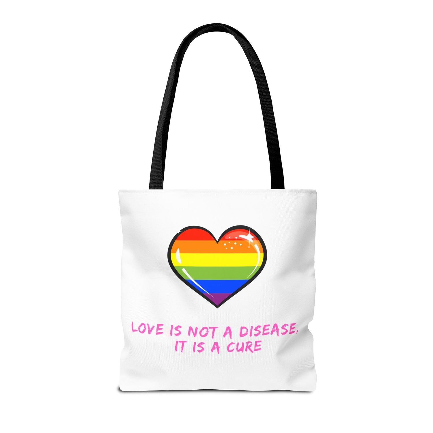 Rainbow Heart Pride Tote Bag – “Love Is Not a Disease, It Is a Cure”, Durable Polyester, Multiple Sizes | Inclusive LGBTQIA+ Accessory | Voce Lindx