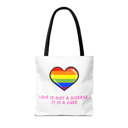 Rainbow Heart Pride Tote Bag – “Love Is Not a Disease, It Is a Cure”, Durable Polyester, Multiple Sizes | Inclusive LGBTQIA+ Accessory | Voce Lindx