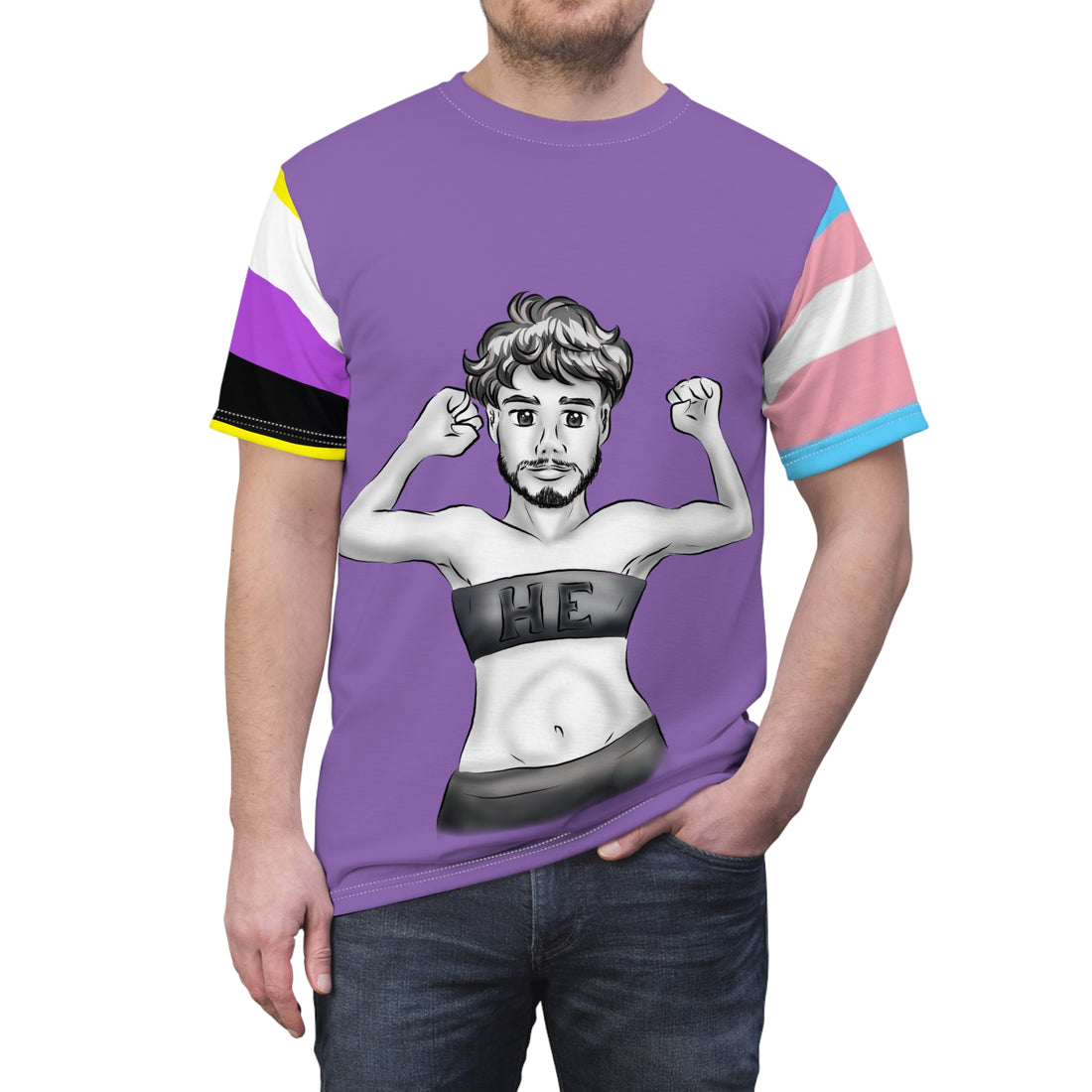 HE Gender-Free Pride Tee – Trans & Nonbinary Flag Sleeves, Inclusive LGBTQIA+ Fashion | Voce Lindx