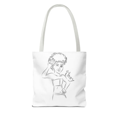 They Pronoun Tote Bag – Gender-Free, Black Line Art, Durable Polyester, Multiple Sizes | Inclusive LGBTQIA+ Accessory | Voce Lindx