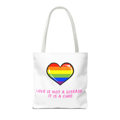Rainbow Heart Pride Tote Bag – “Love Is Not a Disease, It Is a Cure”, Durable Polyester, Multiple Sizes | Inclusive LGBTQIA+ Accessory | Voce Lindx