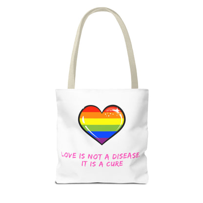 Rainbow Heart Pride Tote Bag – “Love Is Not a Disease, It Is a Cure”, Durable Polyester, Multiple Sizes | Inclusive LGBTQIA+ Accessory | Voce Lindx