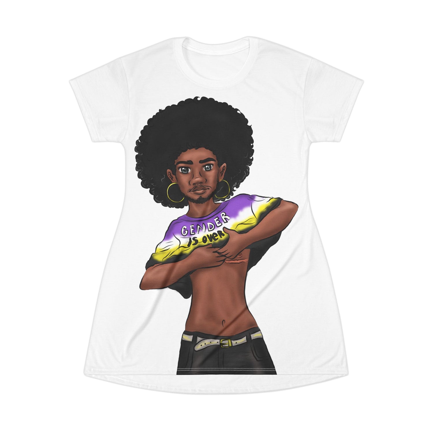 Gender Is Over T-Shirt Dress – Gender-Free, Black Representation Art, Lightweight Polyester | Voce Lindx