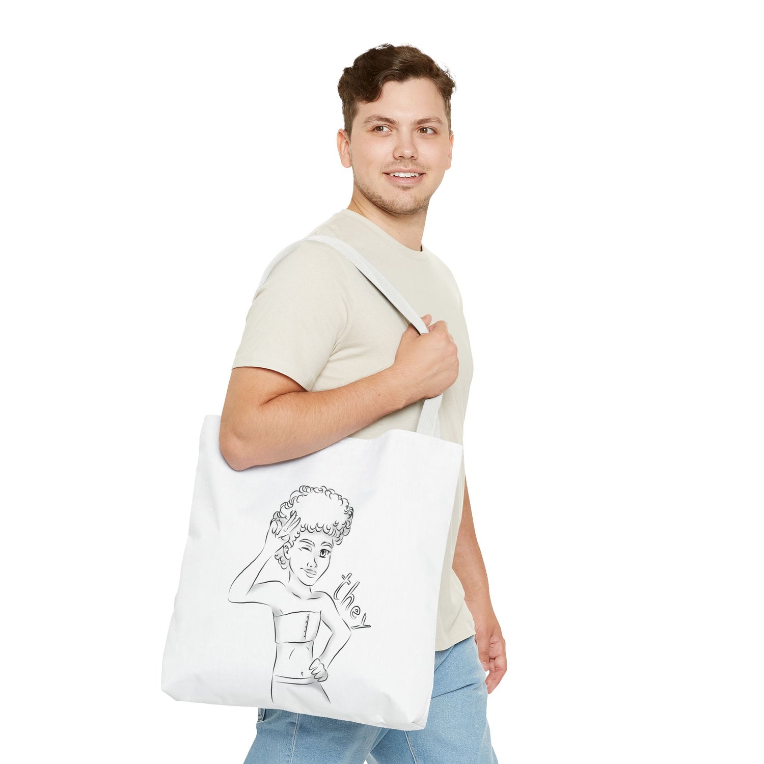 They Pronoun Tote Bag – Gender-Free, Black Line Art, Durable Polyester, Multiple Sizes | Inclusive LGBTQIA+ Accessory | Voce Lindx