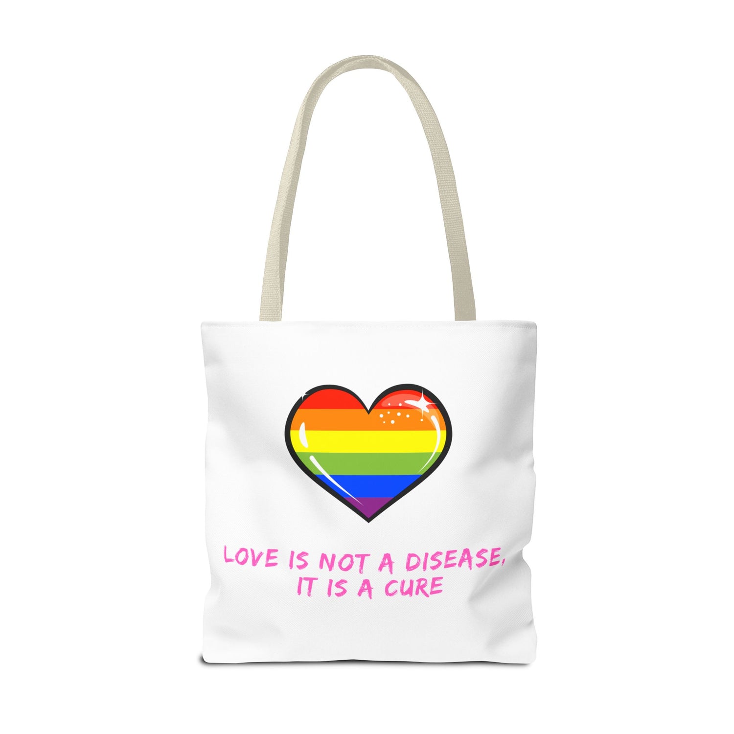 Rainbow Heart Pride Tote Bag – “Love Is Not a Disease, It Is a Cure”, Durable Polyester, Multiple Sizes | Inclusive LGBTQIA+ Accessory | Voce Lindx