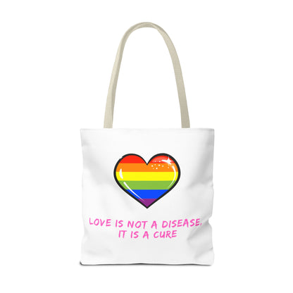 Rainbow Heart Pride Tote Bag – “Love Is Not a Disease, It Is a Cure”, Durable Polyester, Multiple Sizes | Inclusive LGBTQIA+ Accessory | Voce Lindx