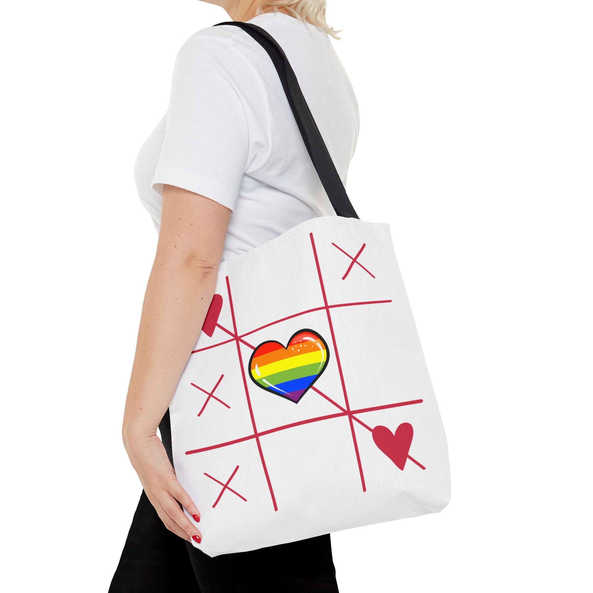 Rainbow Love Tote Bag – Tic Tac Toe Heart, Durable Polyester, Multiple Sizes | Inclusive LGBTQIA+ Accessory | Voce Lindx