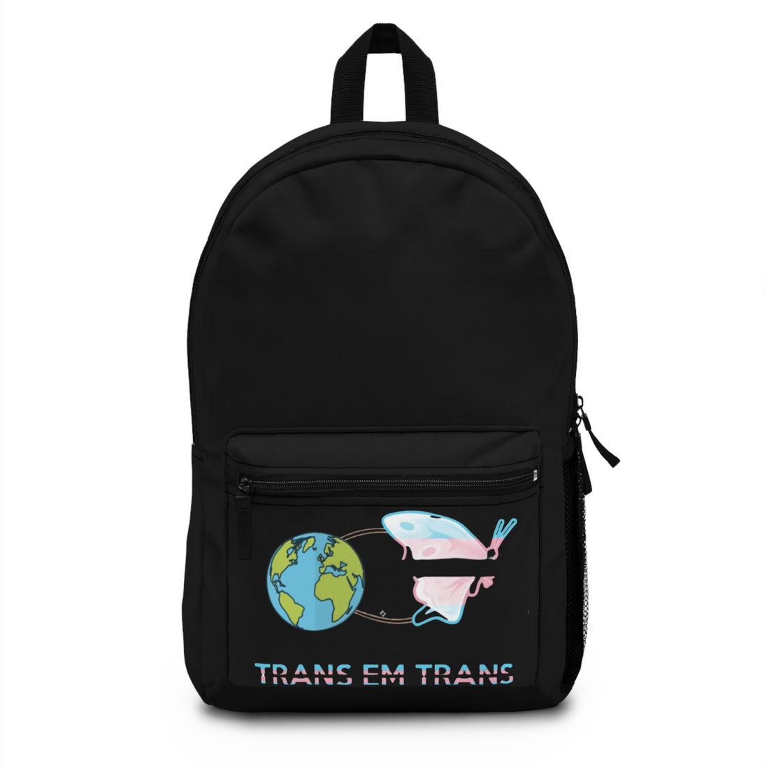 Trans em Trans Black Backpack – Butterfly and Globe Print | Inclusive LGBTQIA+ Backpack | Voce Lindx