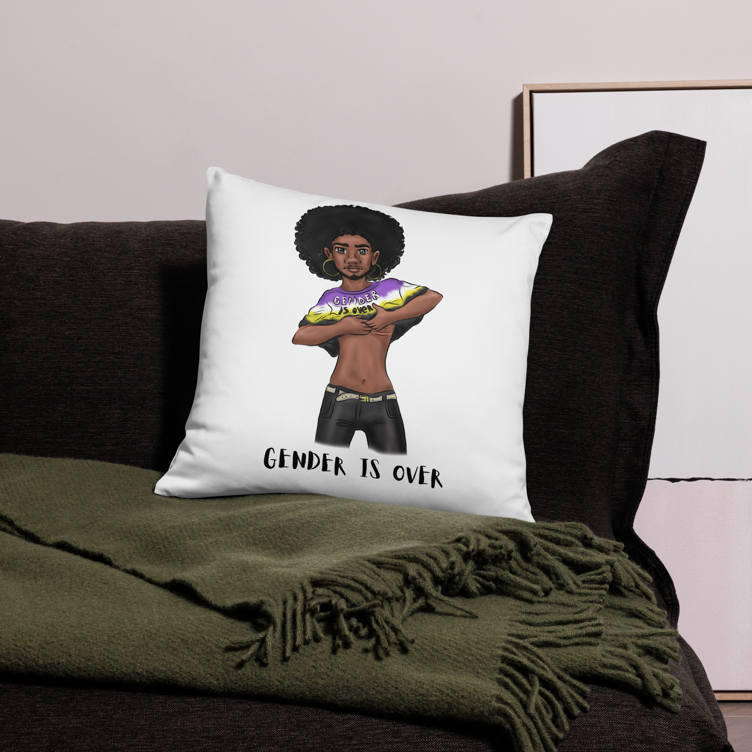 Basic Cushion – “Gender Is Over” Typography Print | Bold Square Throw Pillow | Voce Lindx