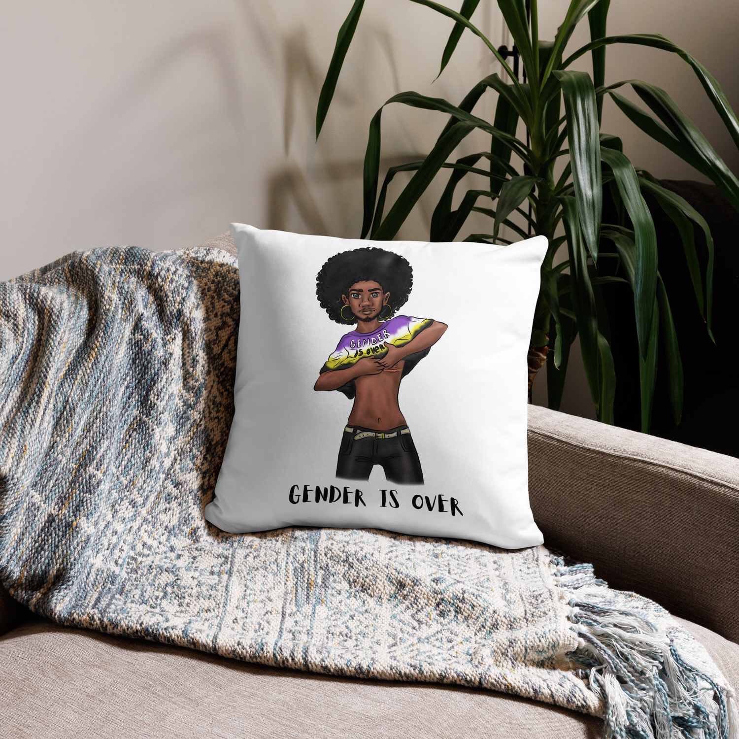 Basic Cushion – “Gender Is Over” Typography Print | Bold Square Throw Pillow | Voce Lindx