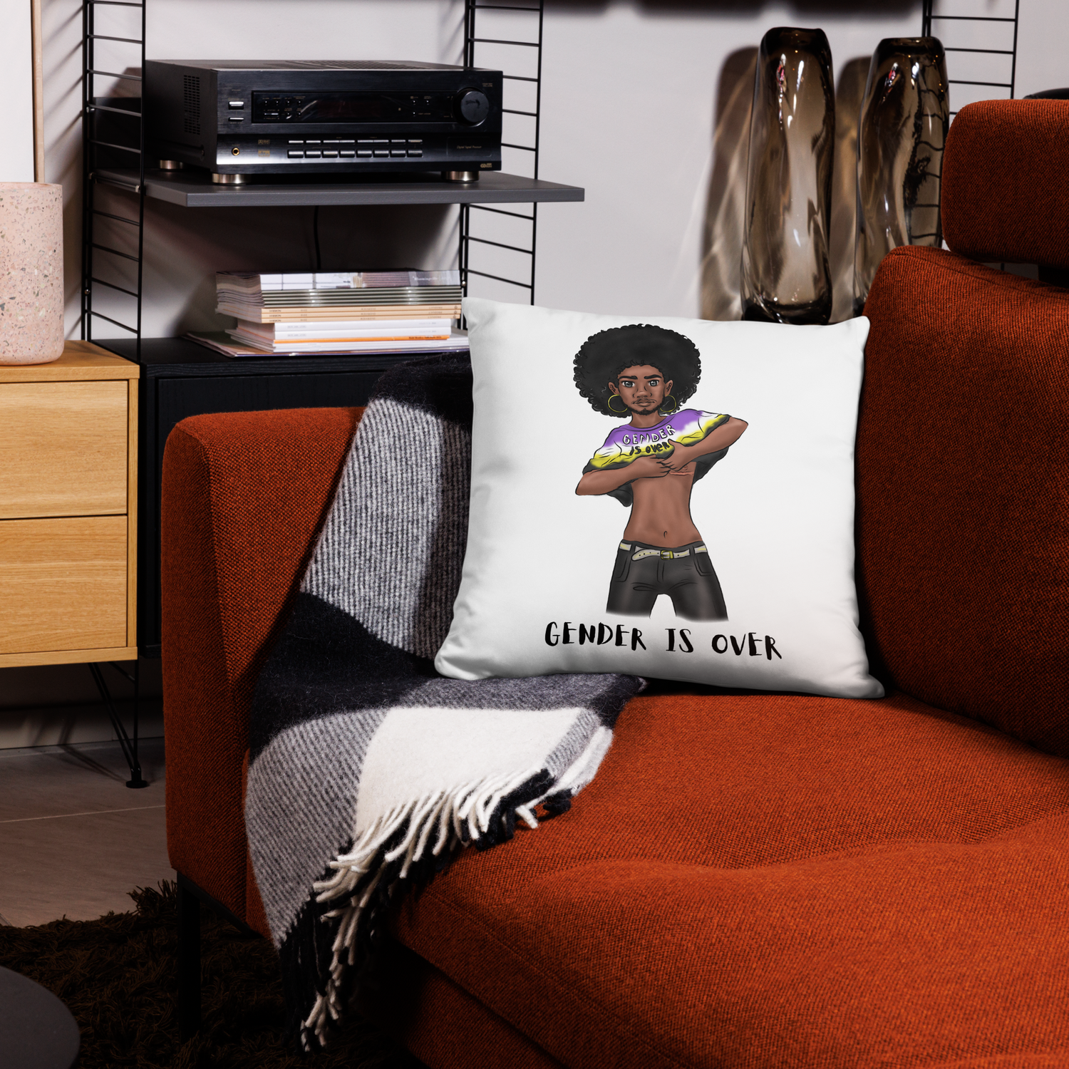Basic Cushion – “Gender Is Over” Typography Print | Bold Square Throw Pillow | Voce Lindx