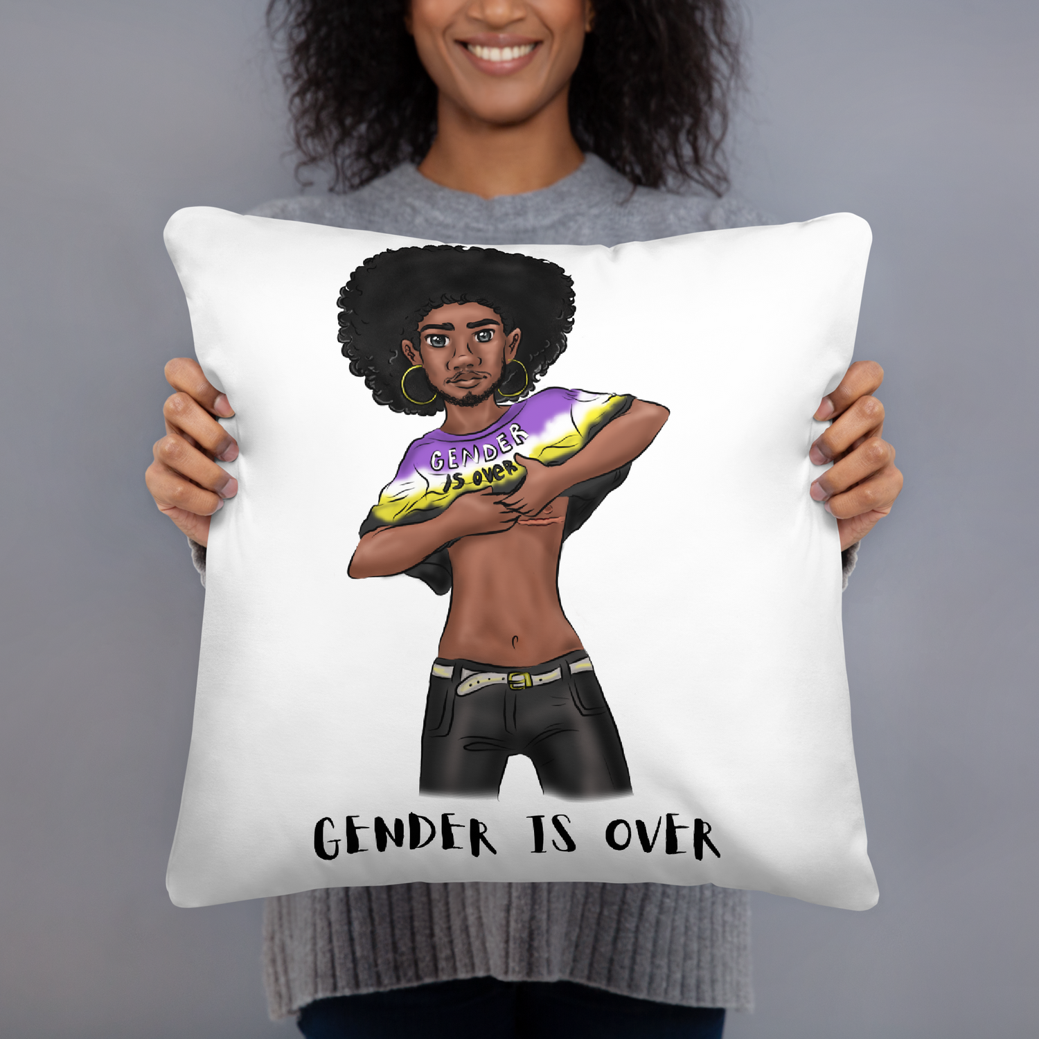 Basic Cushion – “Gender Is Over” Typography Print | Bold Square Throw Pillow | Voce Lindx