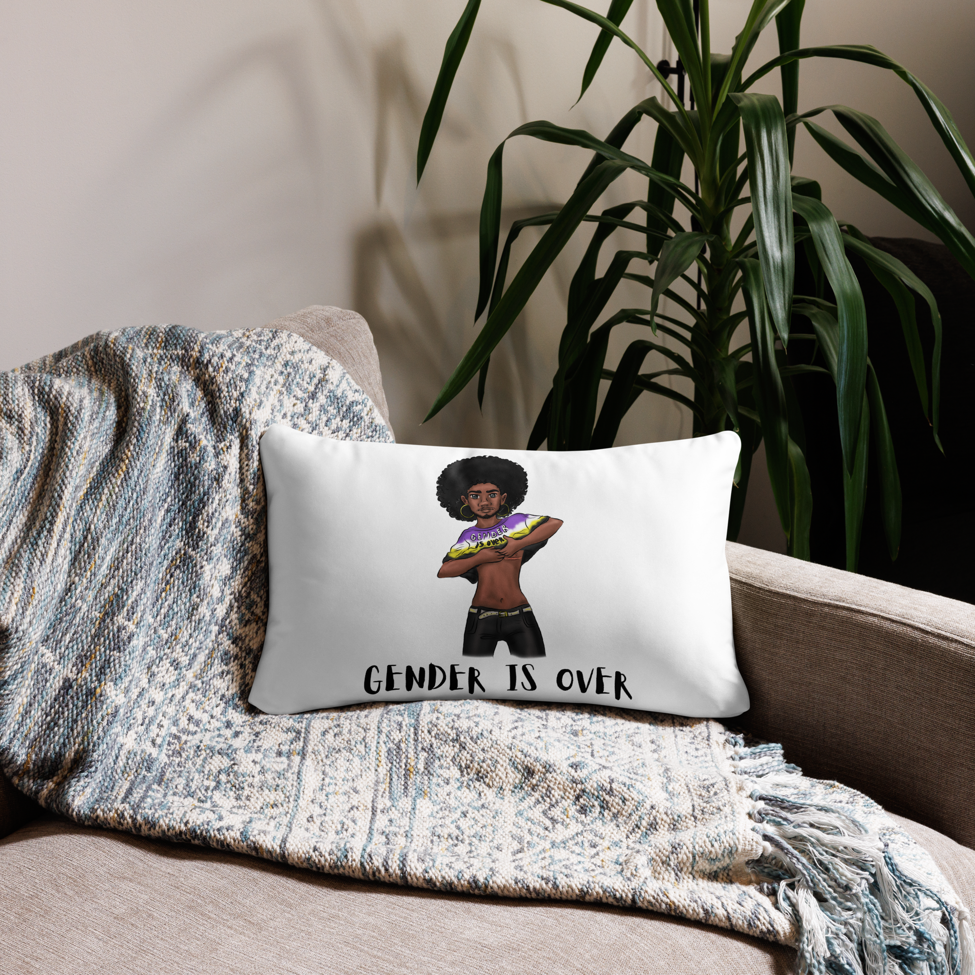 Basic Cushion – “Gender Is Over” Typography Print | Bold Square Throw Pillow | Voce Lindx