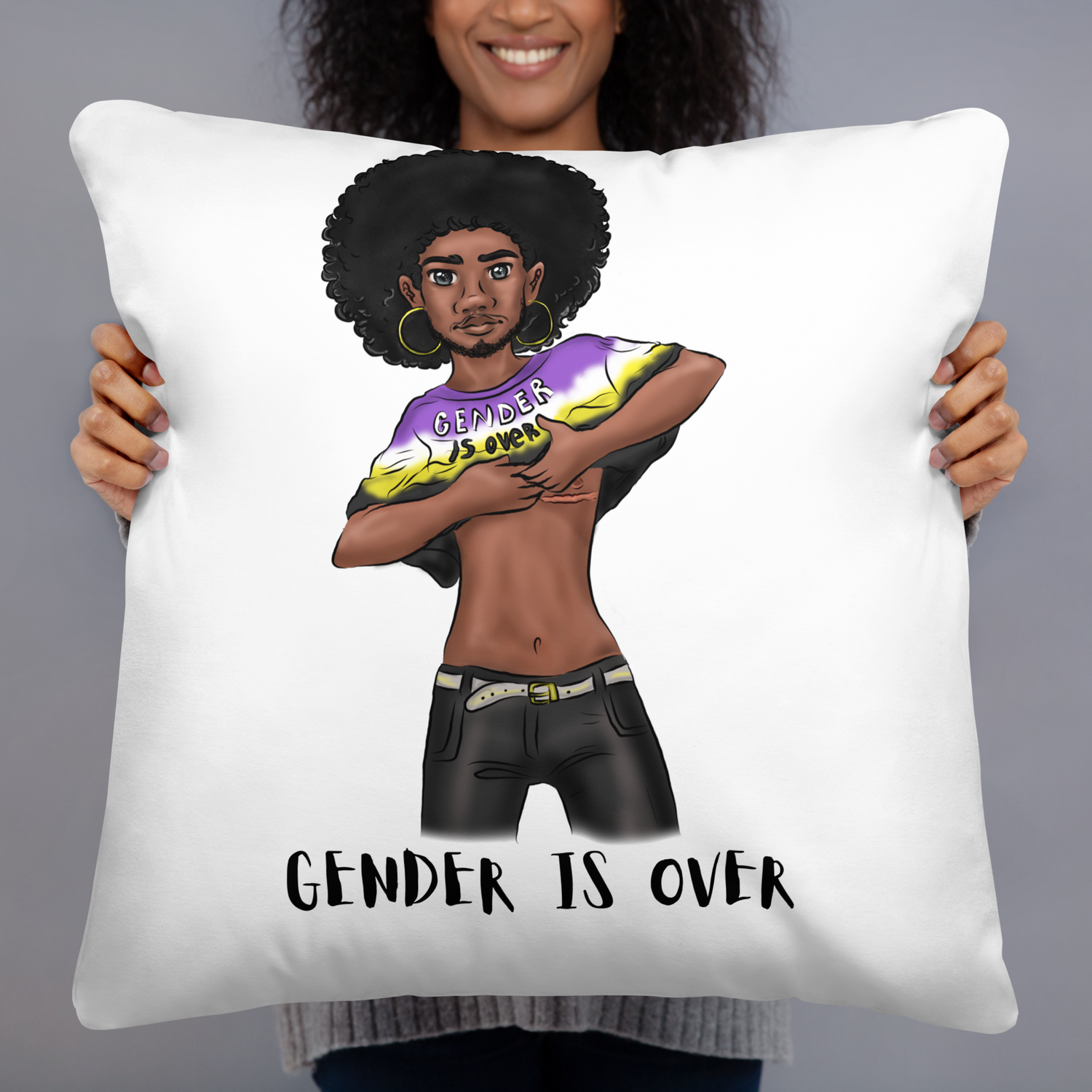 Basic Cushion – “Gender Is Over” Typography Print | Bold Square Throw Pillow | Voce Lindx