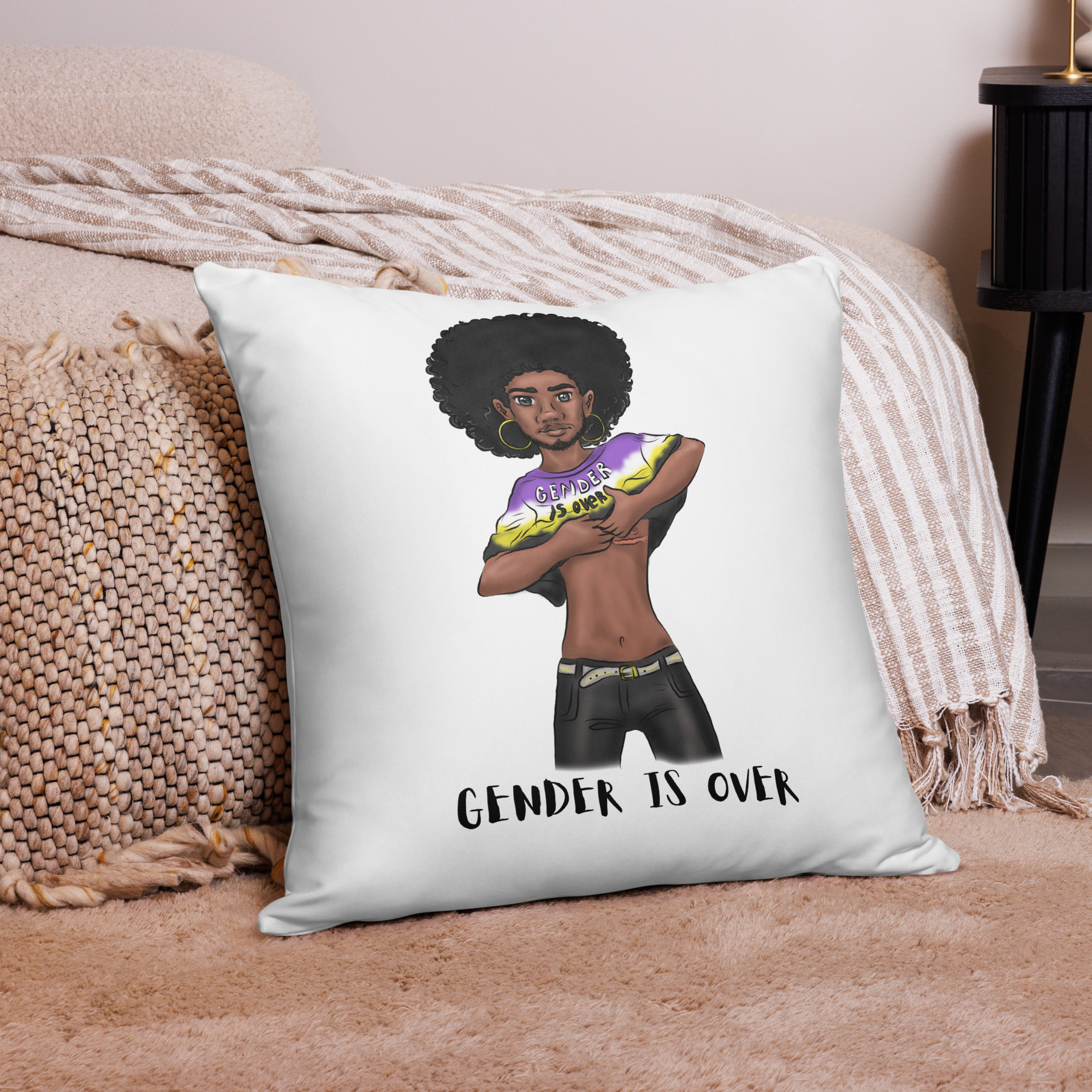 Basic Cushion – “Gender Is Over” Typography Print | Bold Square Throw Pillow | Voce Lindx