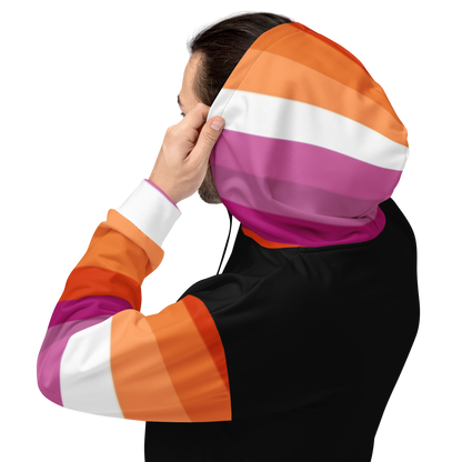 Lesbian Pride Flag Hoodie – Sunset Stripes Print | Relaxed Fit Cotton-Poly Blend