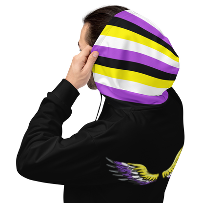 “Gender Is Over” Non-Binary Pride Hoodie – Purple, Yellow, White &amp; Black | Inclusive Statement Style