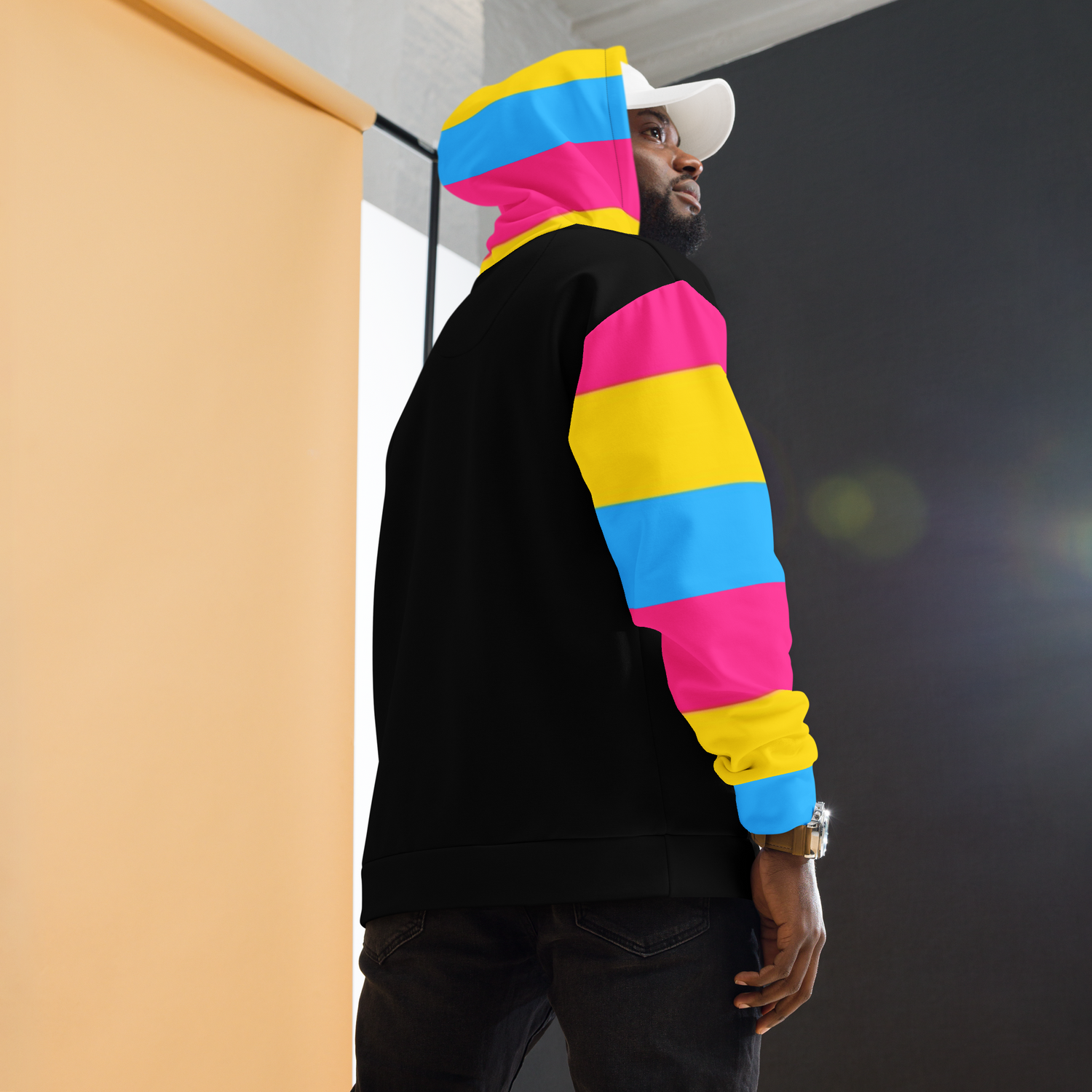 VOCE LINDX Pansexual Flag Hoodie – 95 % Recycled Polyester &amp; 5 % Spandex, Brushed Fleece, Flag Design