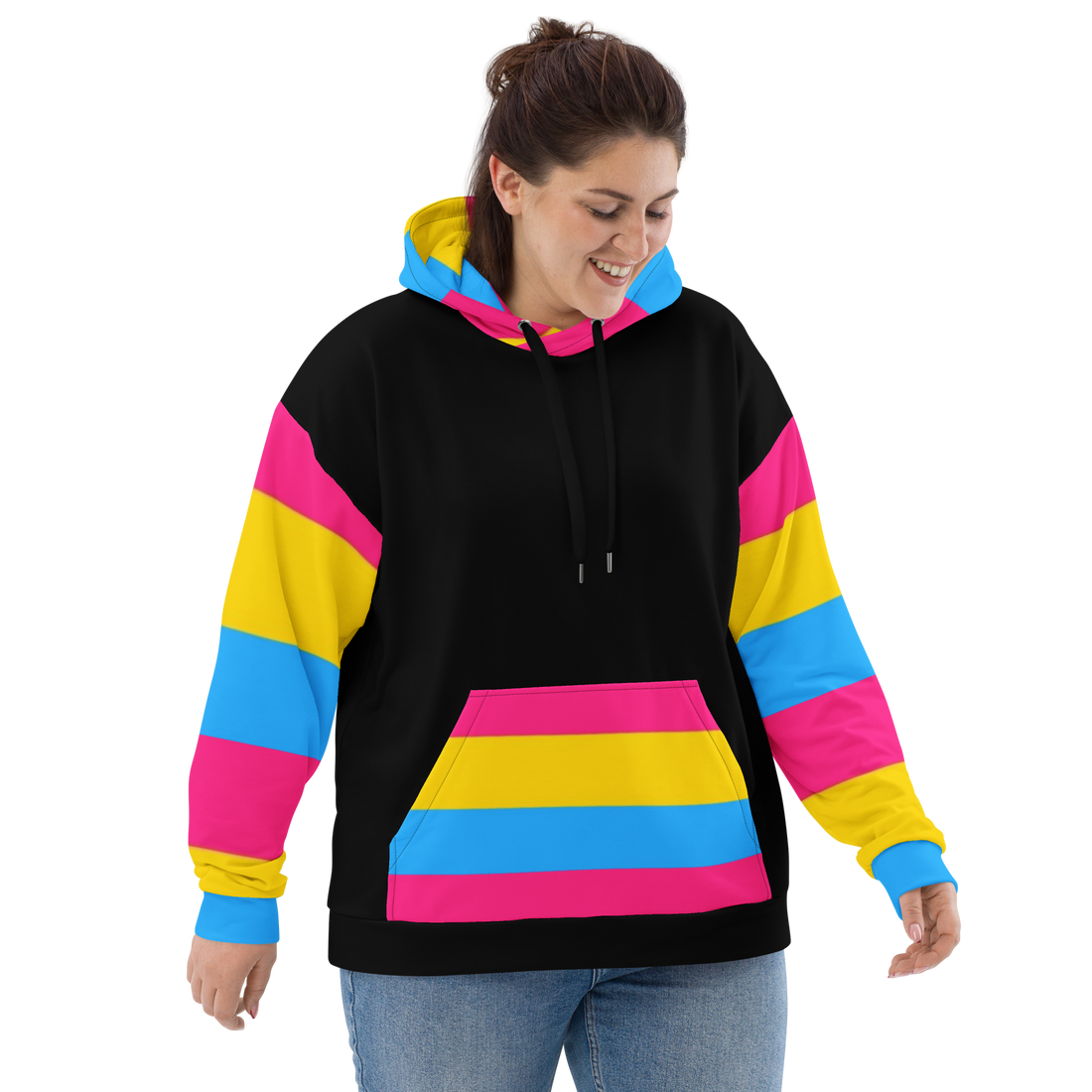 VOCE LINDX Pansexual Flag Hoodie – 95 % Recycled Polyester & 5 % Spandex, Brushed Fleece, Flag Design