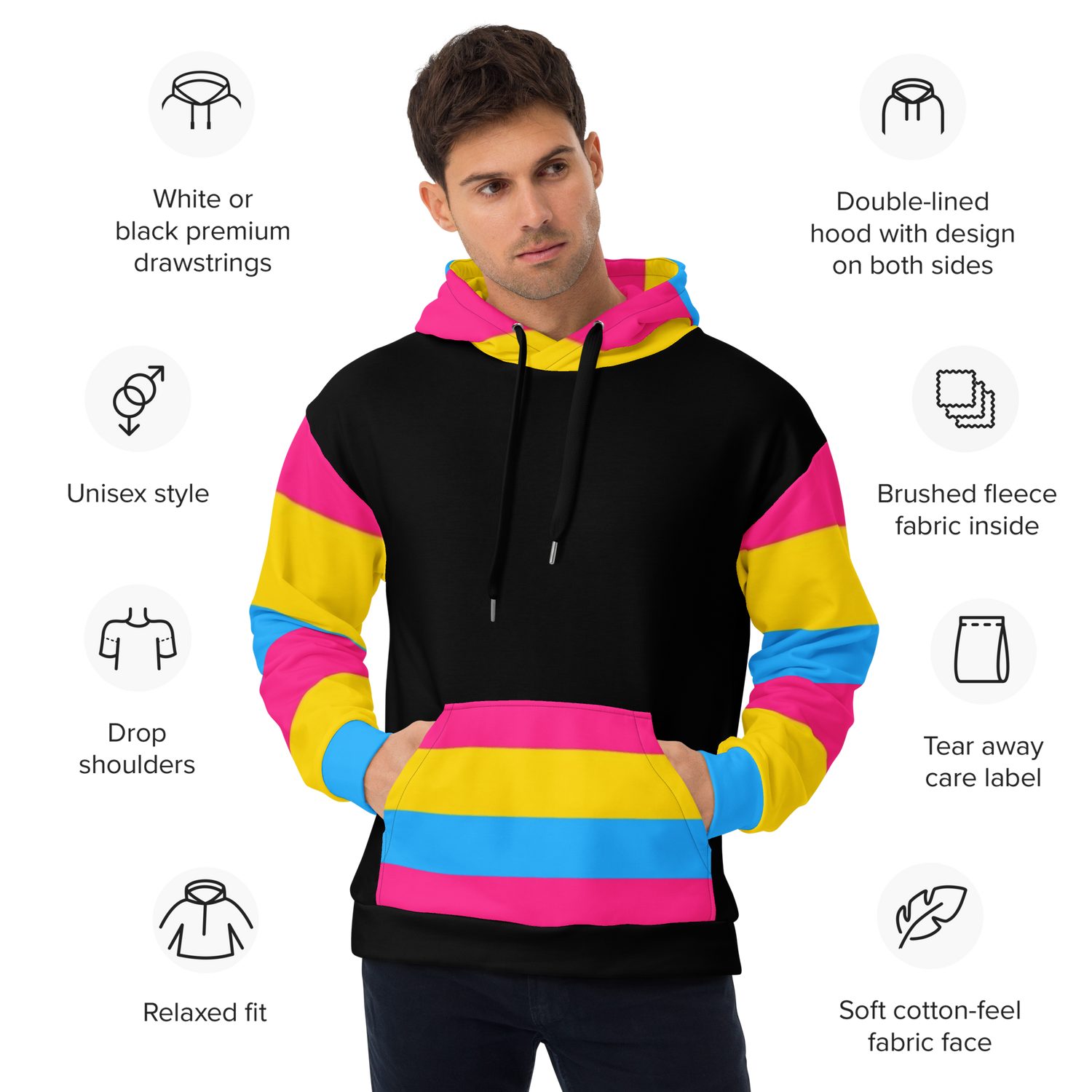 VOCE LINDX Pansexual Flag Hoodie – 95 % Recycled Polyester &amp; 5 % Spandex, Brushed Fleece, Flag Design