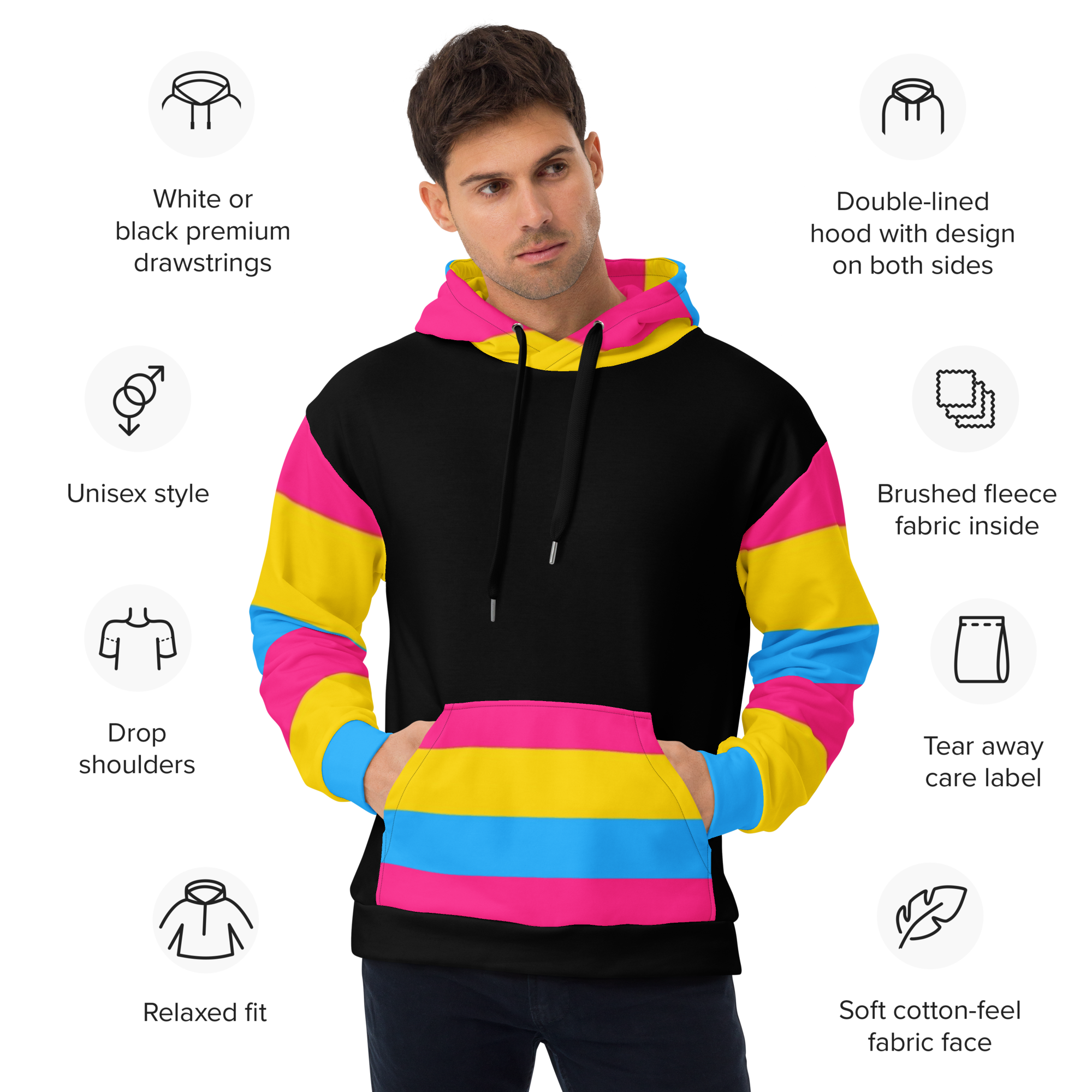 VOCE LINDX Pansexual Flag Hoodie – 95 % Recycled Polyester &amp; 5 % Spandex, Brushed Fleece, Flag Design