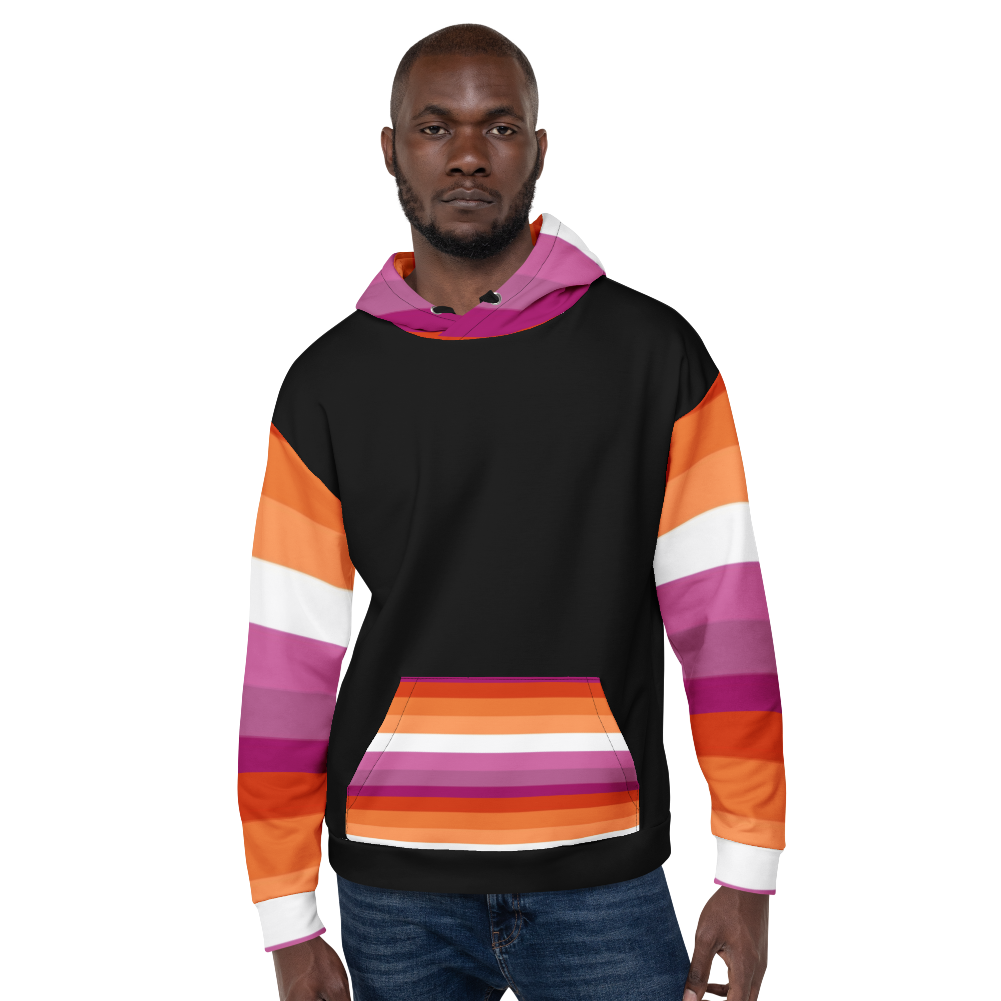 Lesbian Pride Flag Hoodie – Sunset Stripes Print | Relaxed Fit Cotton-Poly Blend