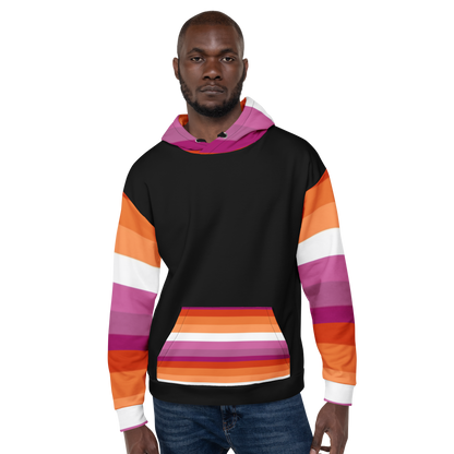 Lesbian Pride Flag Hoodie – Sunset Stripes Print | Relaxed Fit Cotton-Poly Blend