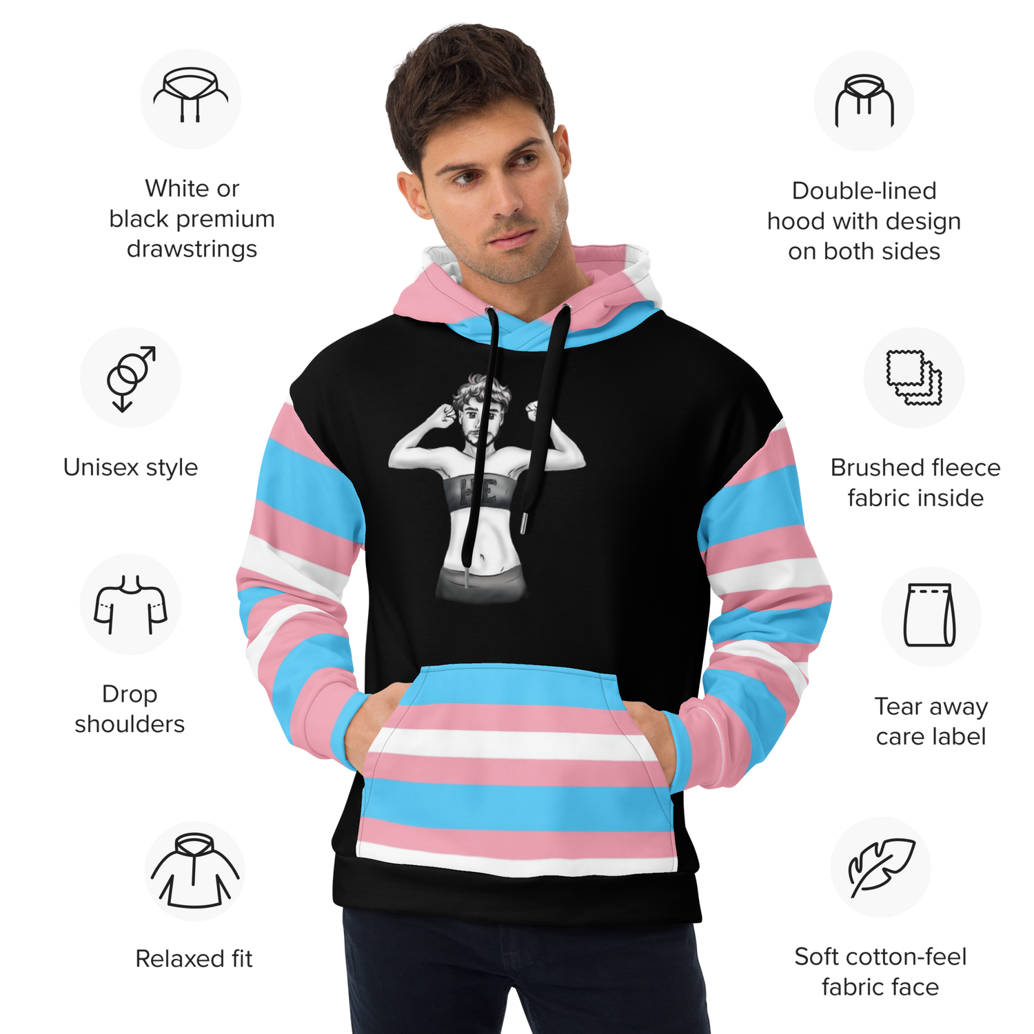 Transgender Pride Flag Hoodie – Light Blue, Pink and White Statement Piece