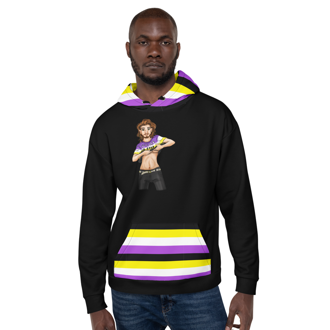 “Gender Is Over” Non-Binary Pride Hoodie – Purple, Yellow, White & Black | Inclusive Statement Style