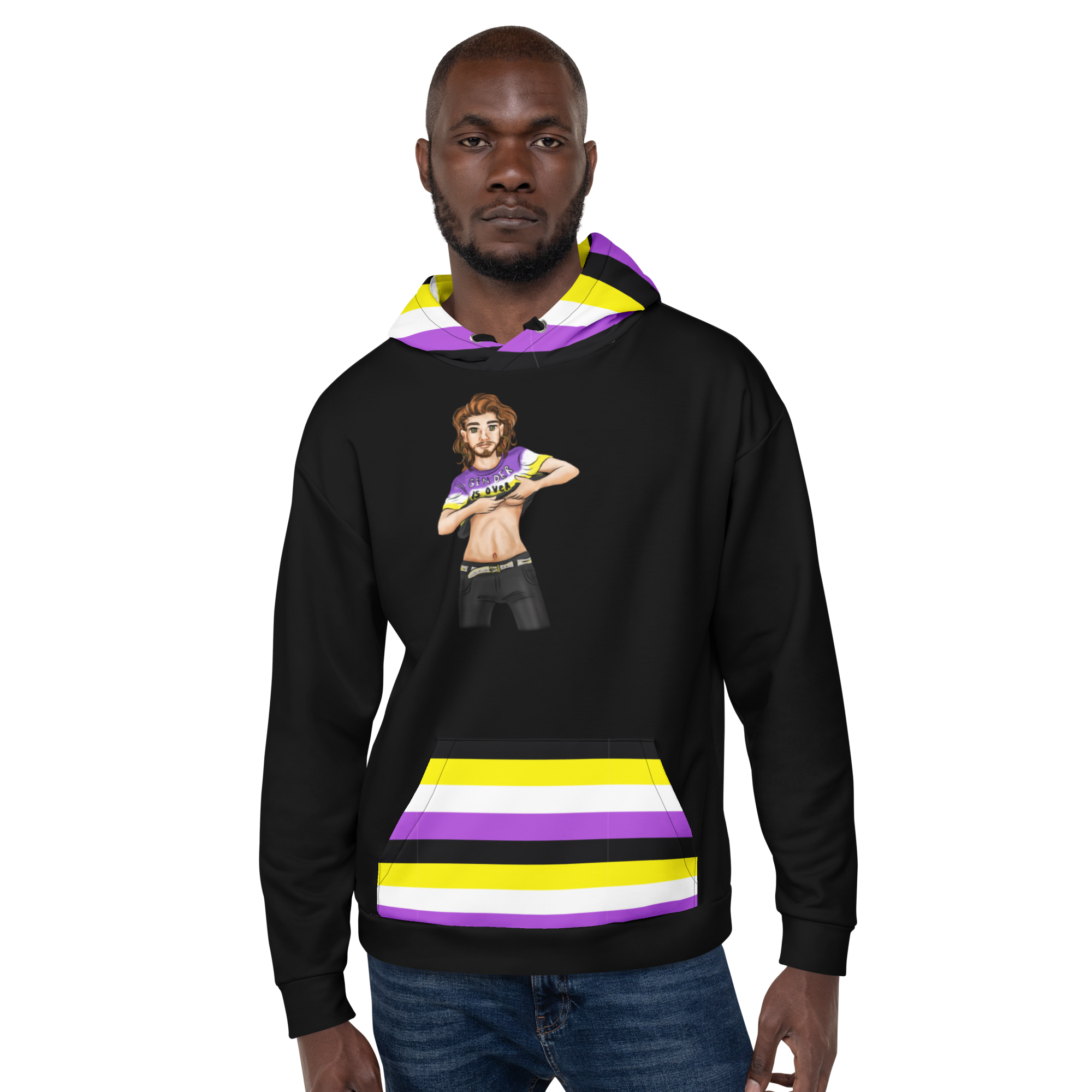 “Gender Is Over” Non-Binary Pride Hoodie – Purple, Yellow, White &amp; Black | Inclusive Statement Style