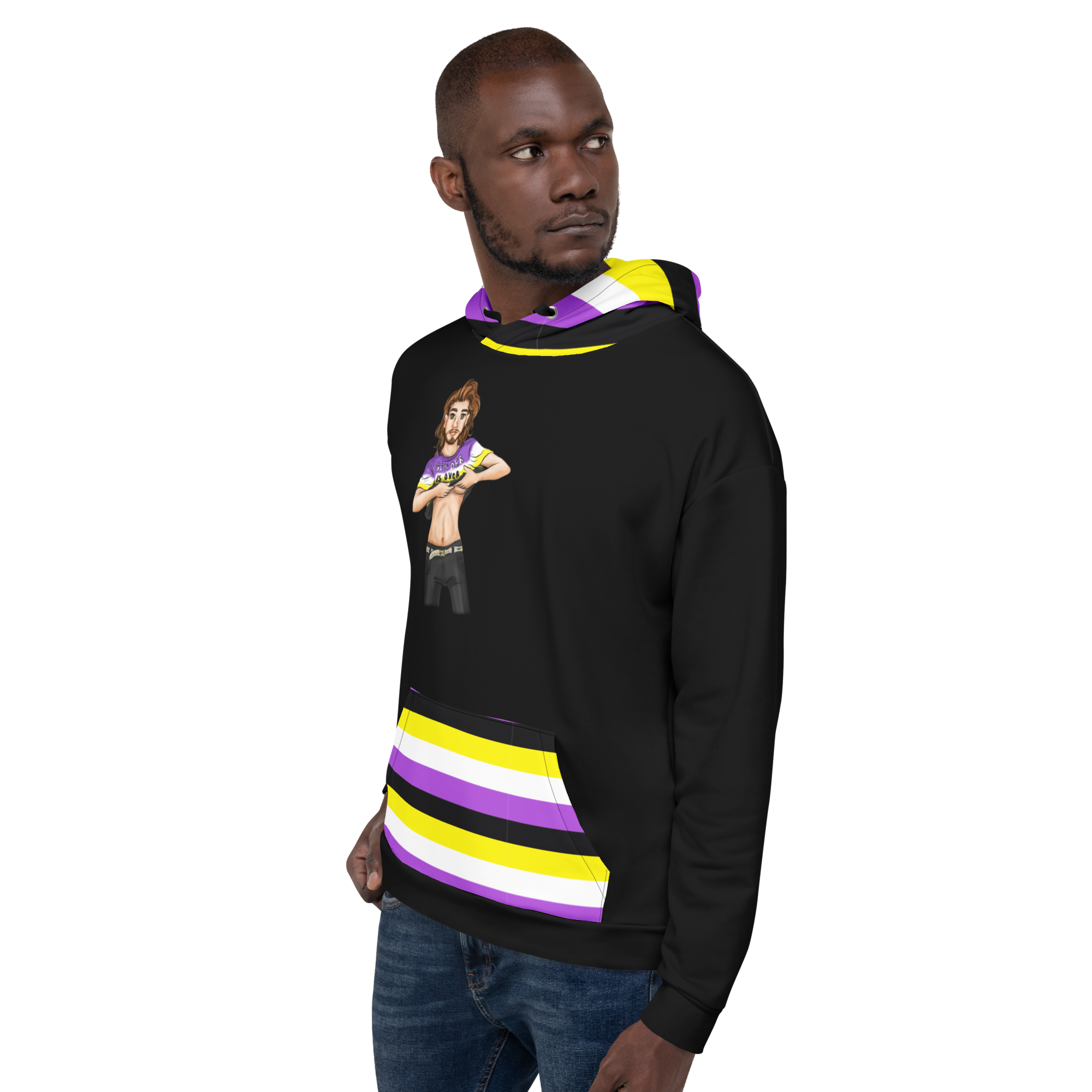 “Gender Is Over” Non-Binary Pride Hoodie – Purple, Yellow, White &amp; Black | Inclusive Statement Style