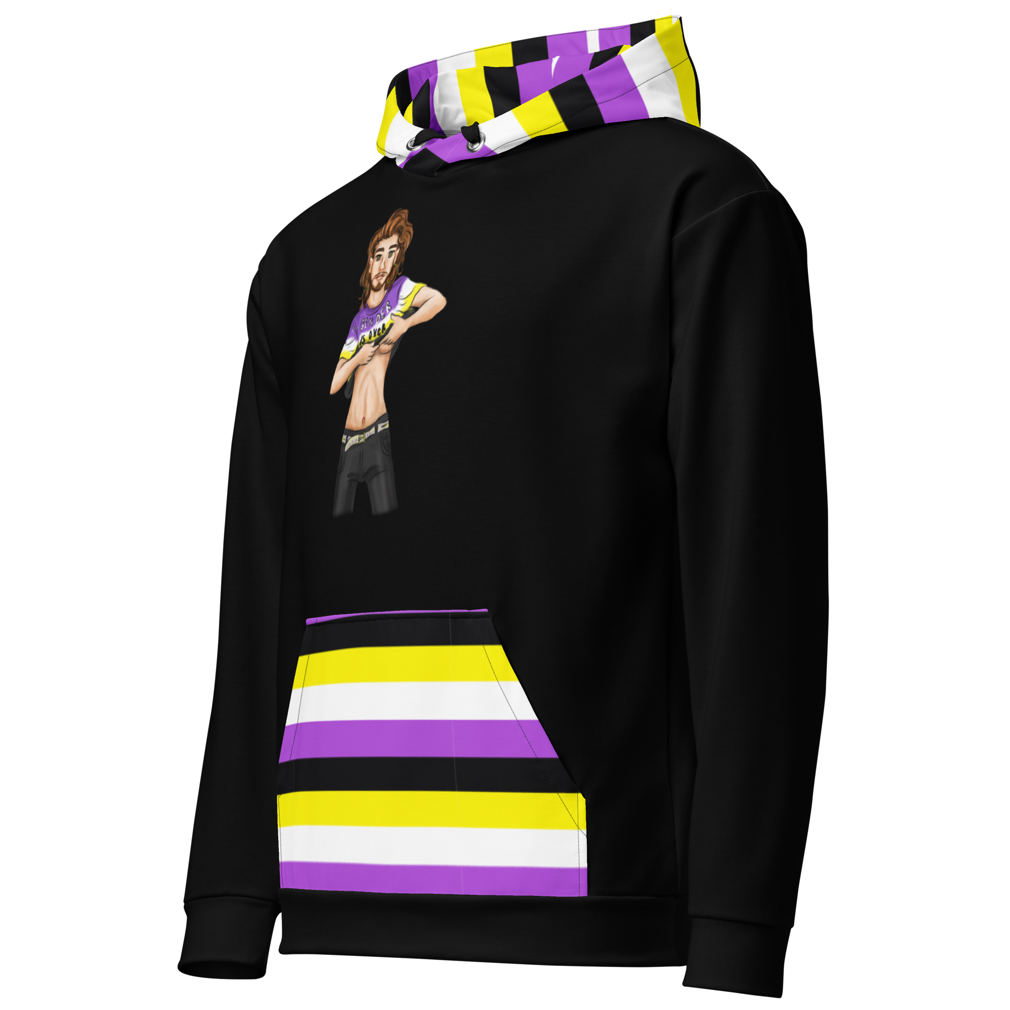 “Gender Is Over” Non-Binary Pride Hoodie – Purple, Yellow, White &amp; Black | Inclusive Statement Style