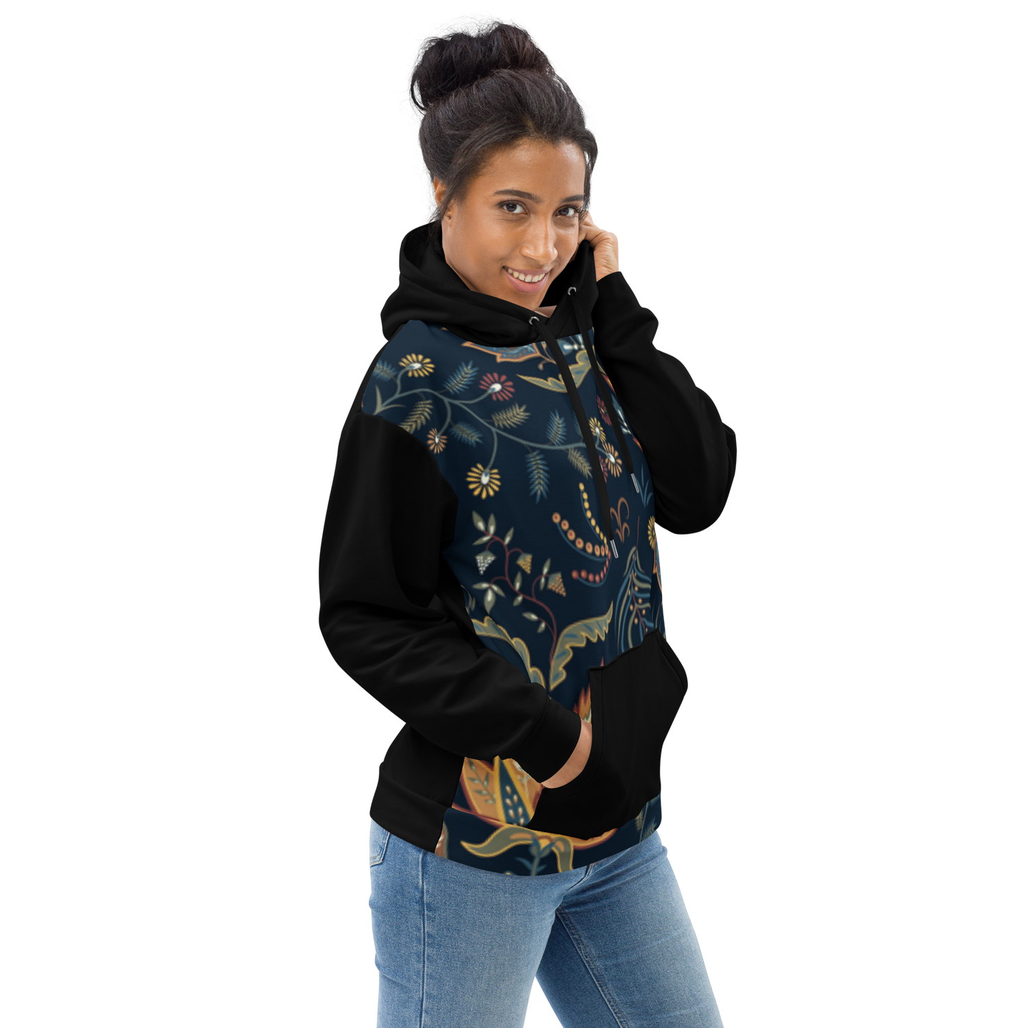 Blue Floral Hoodie with “He” Statement – Soft &amp; Empowering | Comfortable Fit