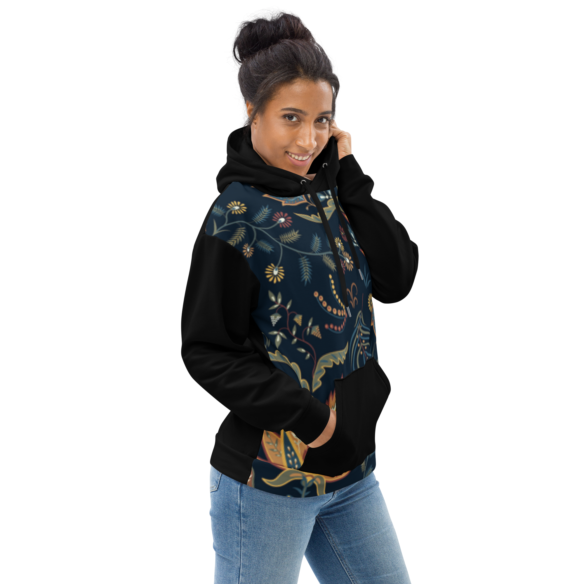 Blue Floral Hoodie with “He” Statement – Soft &amp; Empowering | Comfortable Fit