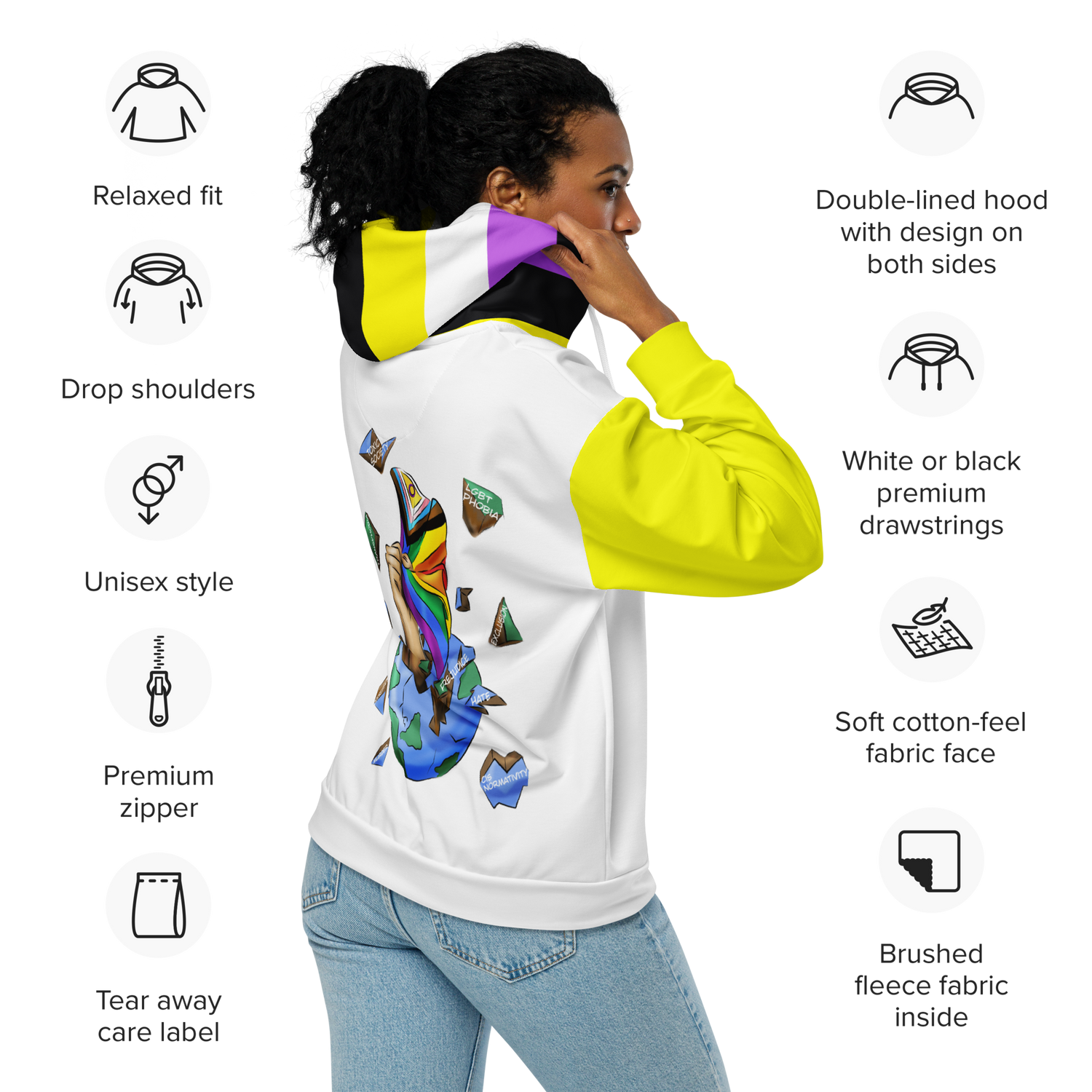 Nonbinary Pride Zip Hoodie – Soft Fleece, Metal Zip, Front Pockets, Inclusive Fit | Voce Lindx