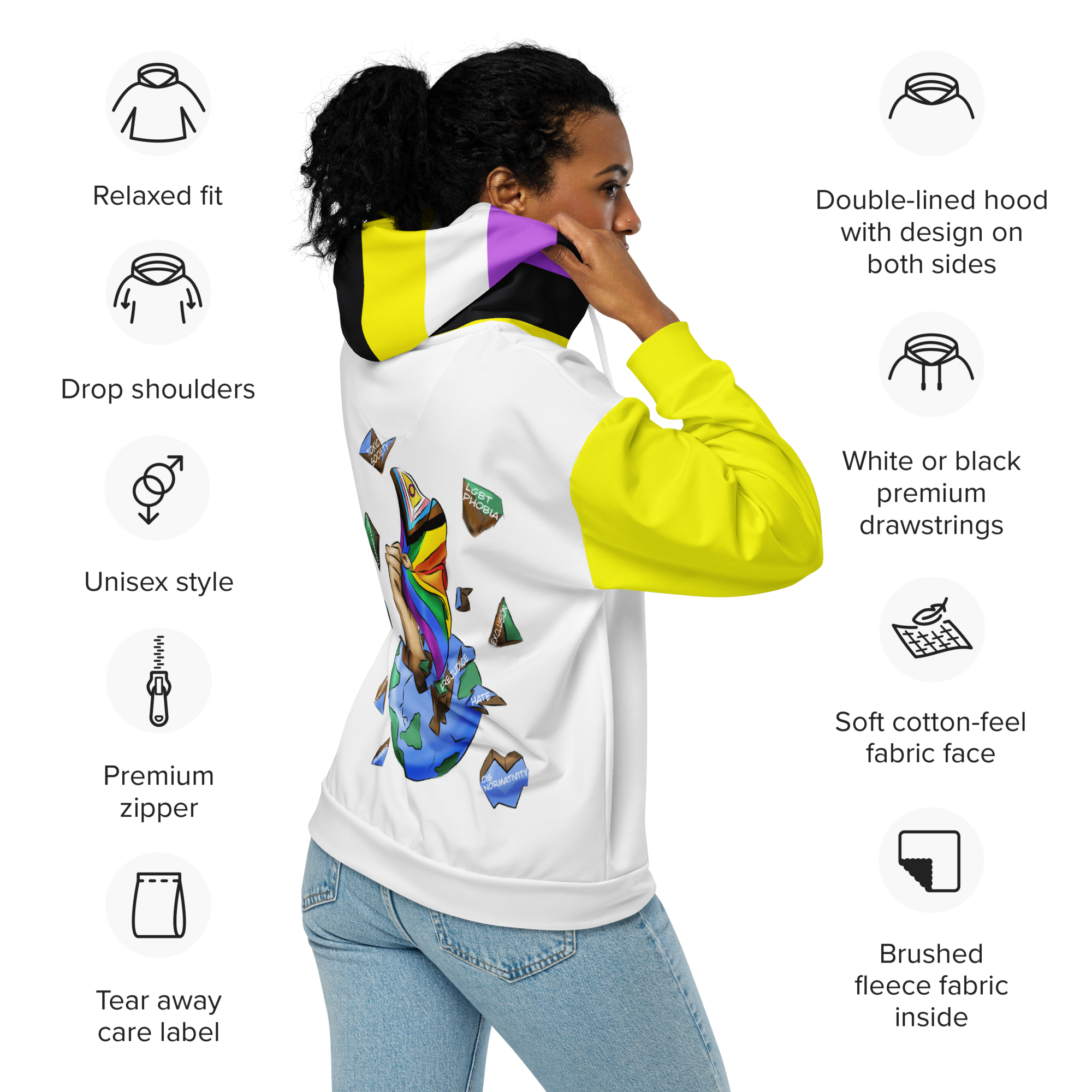 Nonbinary Pride Zip Hoodie – Soft Fleece, Metal Zip, Front Pockets, Inclusive Fit | Voce Lindx