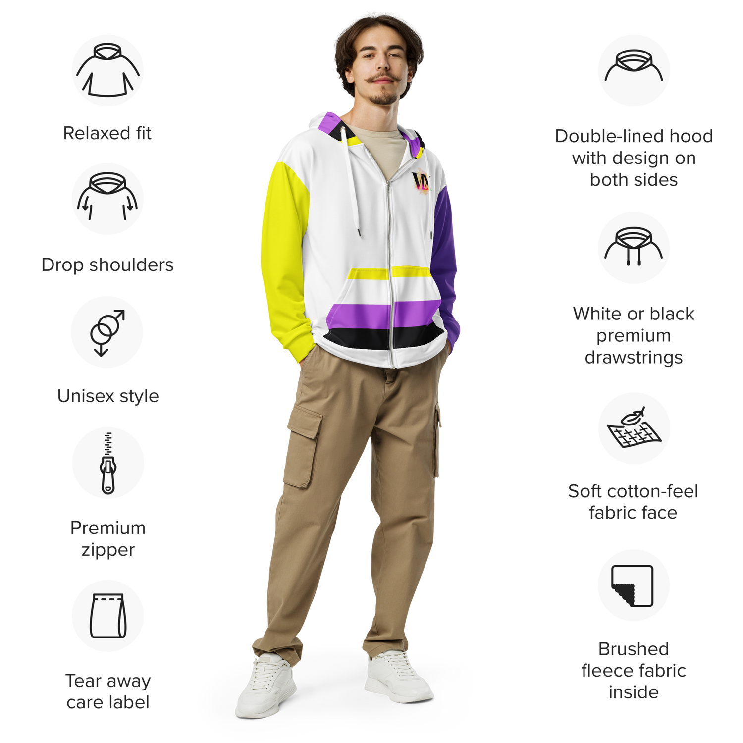 Nonbinary Pride Zip Hoodie – Soft Fleece, Metal Zip, Front Pockets, Inclusive Fit | Voce Lindx