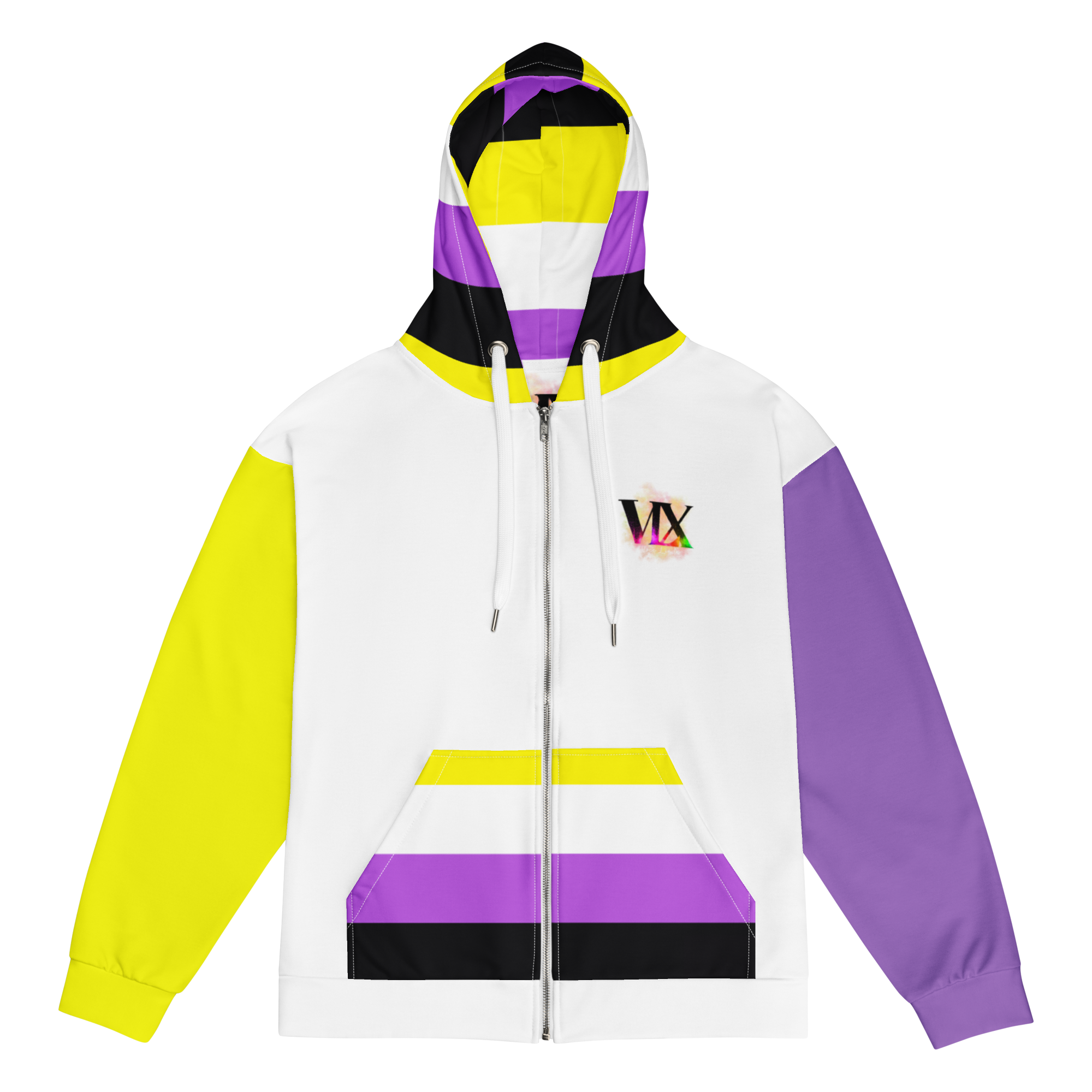Nonbinary Pride Zip Hoodie – Soft Fleece, Metal Zip, Front Pockets, Inclusive Fit | Voce Lindx