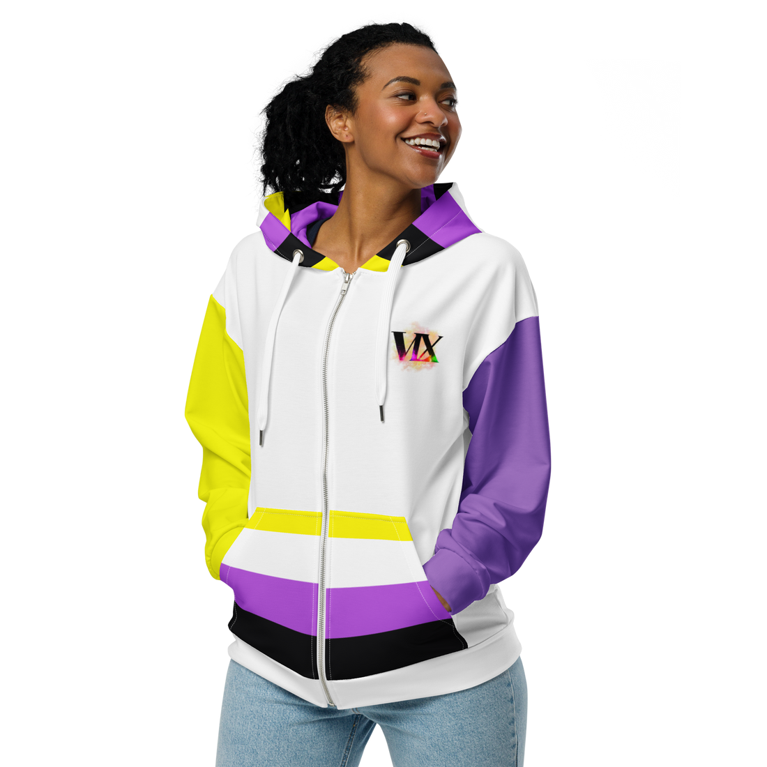 Nonbinary Pride Zip Hoodie – Soft Fleece, Metal Zip, Front Pockets, Inclusive Fit | Voce Lindx