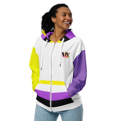 Nonbinary Pride Zip Hoodie – Soft Fleece, Metal Zip, Front Pockets, Inclusive Fit | Voce Lindx
