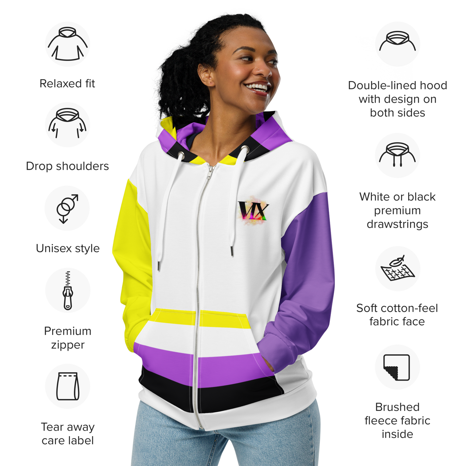 Nonbinary Pride Zip Hoodie – Soft Fleece, Metal Zip, Front Pockets, Inclusive Fit | Voce Lindx