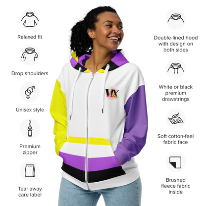 Nonbinary Pride Zip Hoodie – Soft Fleece, Metal Zip, Front Pockets, Inclusive Fit | Voce Lindx