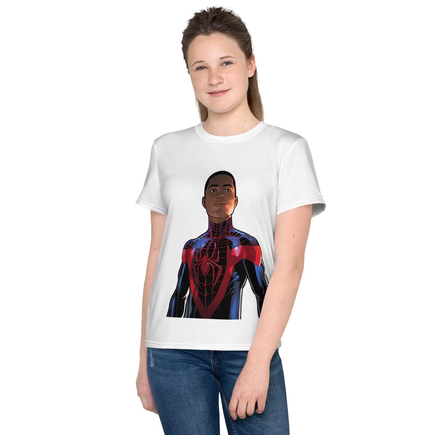 Youth Crew Neck T-Shirt – Spider-Man Black Inspired Graphic | Soft white Cotton Kids Tee | Voce Lindx