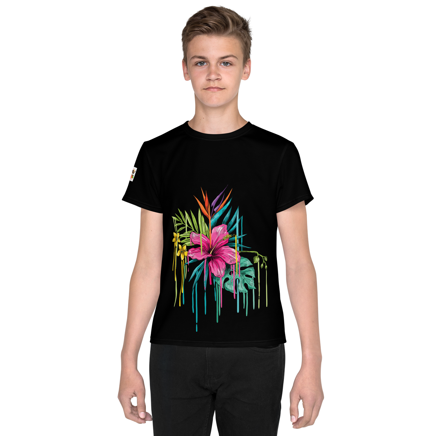 Black Youth Crew Neck T-Shirt – Pink Flower Graphic | 100% Cotton Kids Tee by Voce Lindx